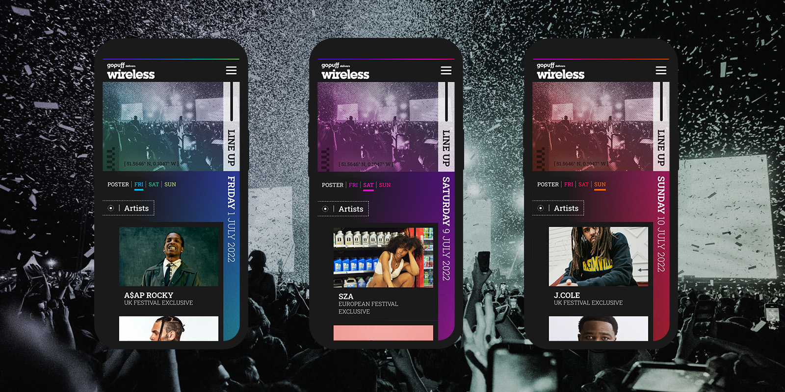 Wireless Festival Websites showing venue colour-ways
