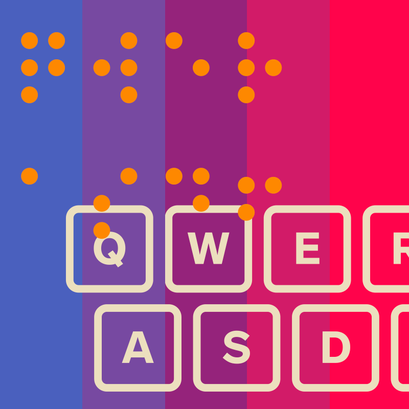 Graphical illustration of stylised keyboard keys overlaid with a few matching braille letters 