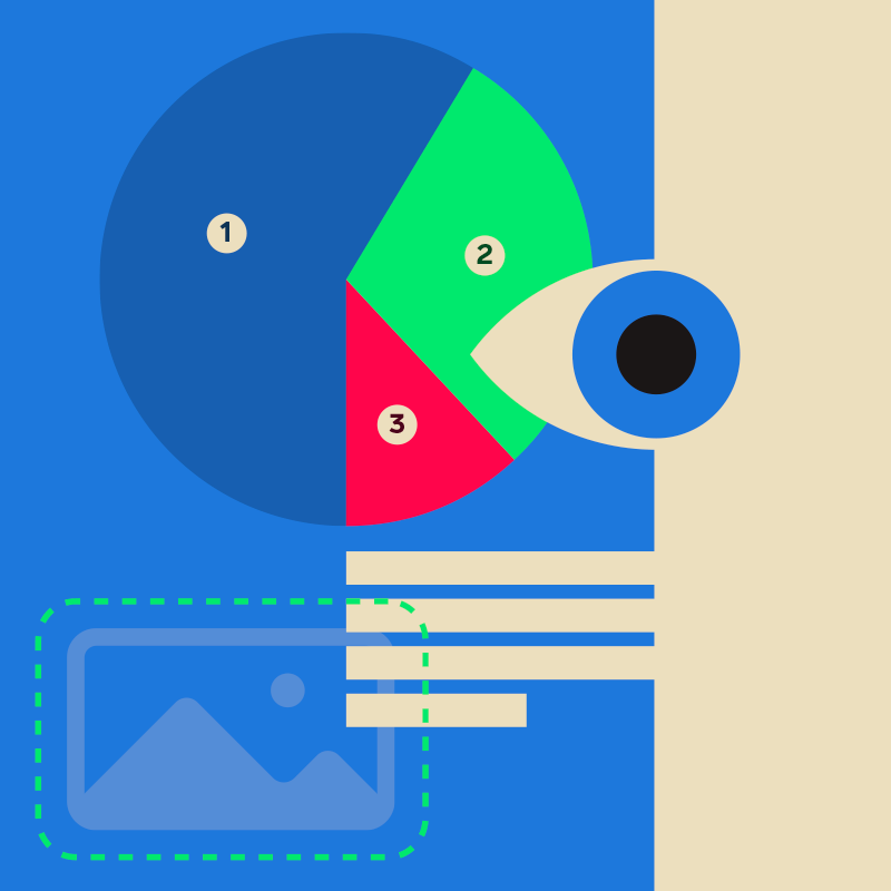 Graphical illustration showing an eye, pie chart and missing image icon to illustrate alternative text and not relying alone 