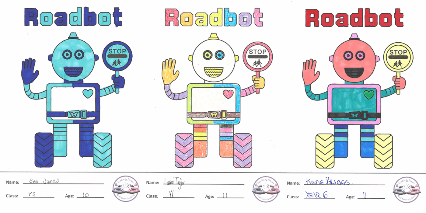 Roadbot colouring in sheets completed by local school children.