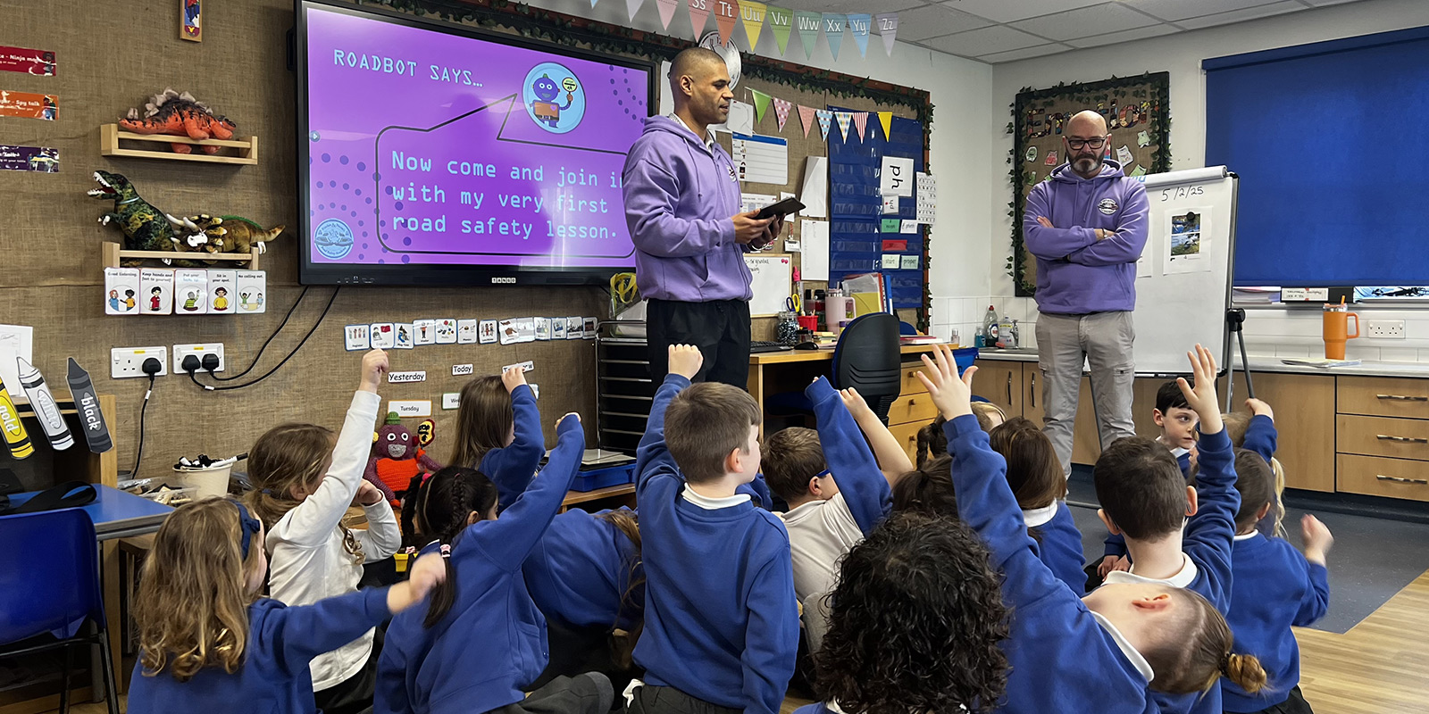 Frank & Calvin delivering a road safety school workshop.