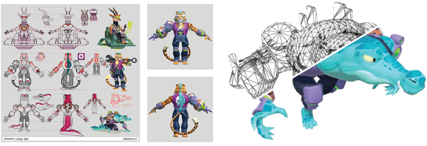 Jungle Squad character 'T-pose' drawings & wireframe preview