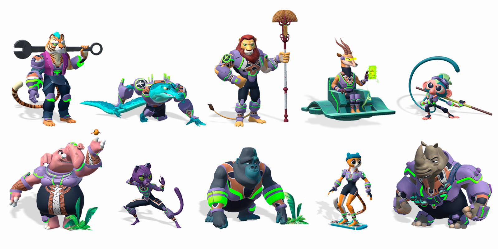 10x Jungle Squad characters created in full working 3D motion from the original 2D art