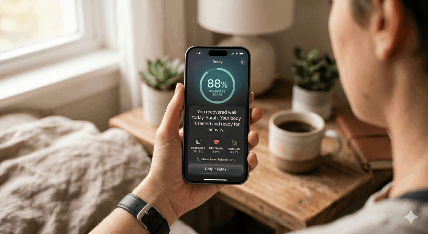 AI image of woman looking at health data on a mobile phone